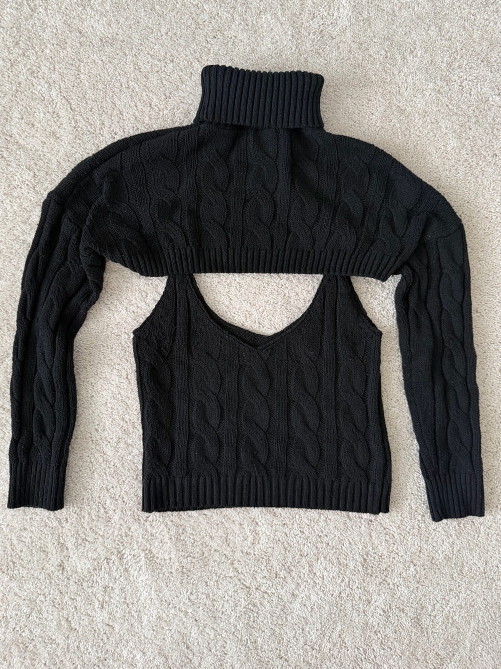 Black Cable Knit Cutout Sweater Tank Top Turtleneck Two Piece Set - Women's